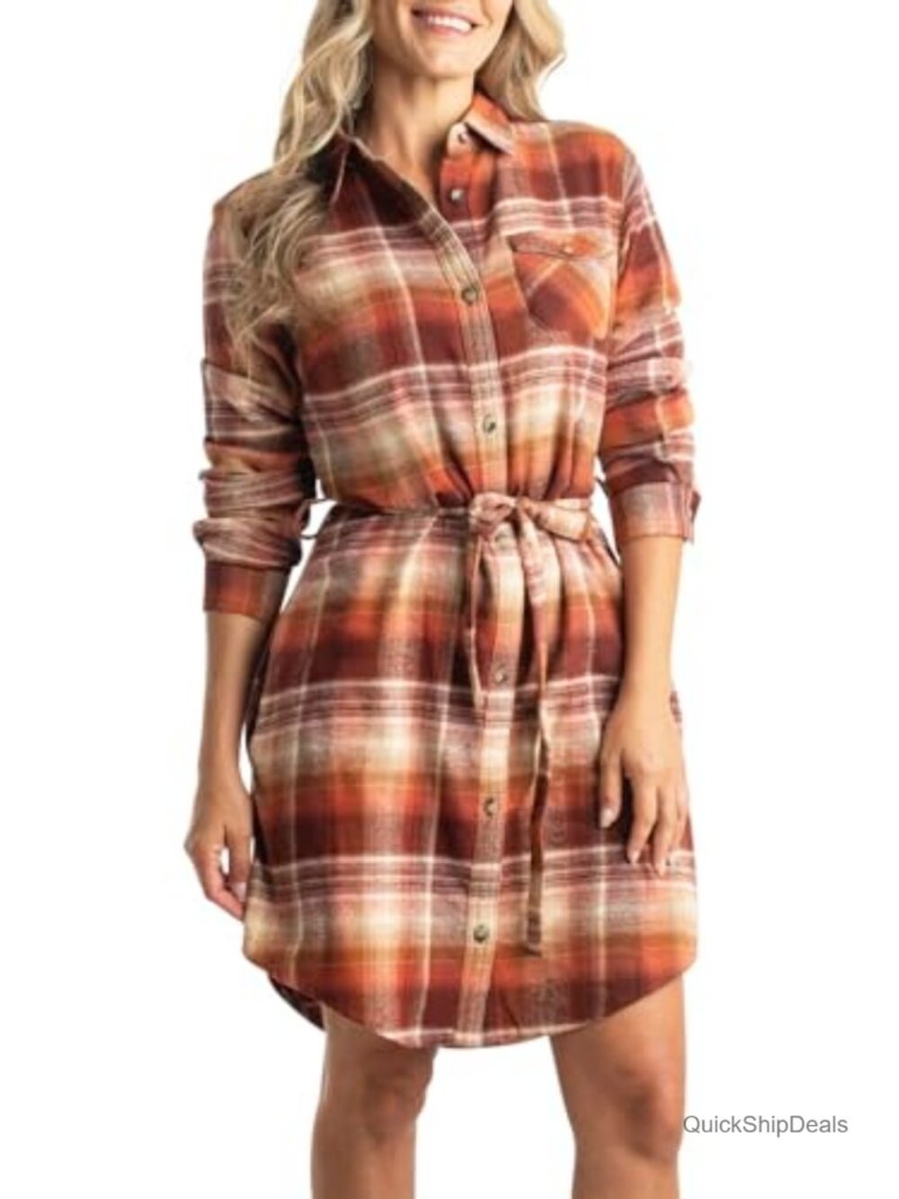 100% Cotton Plaid Flannel Long Sleeve Button Up Tunic Dress with Belt